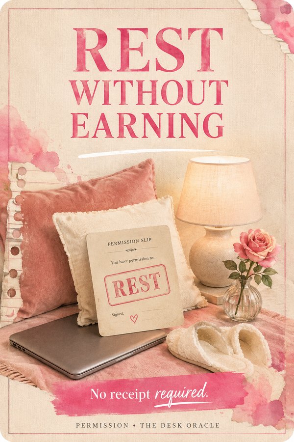 Desk Oracle card, Permission suit: Rest Without Earning. No receipt required.